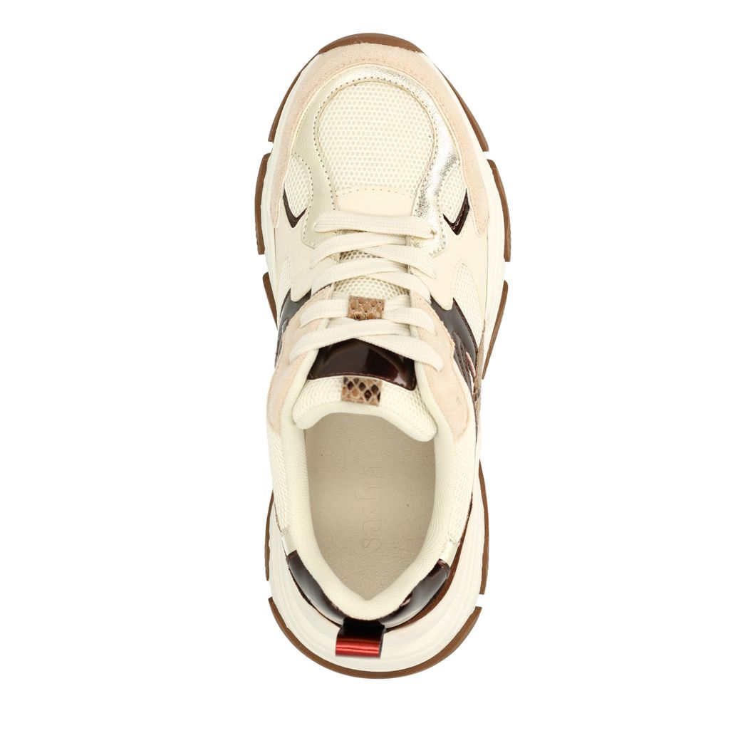 Beigefarbene Sneaker mit Schlangenmuster-Details