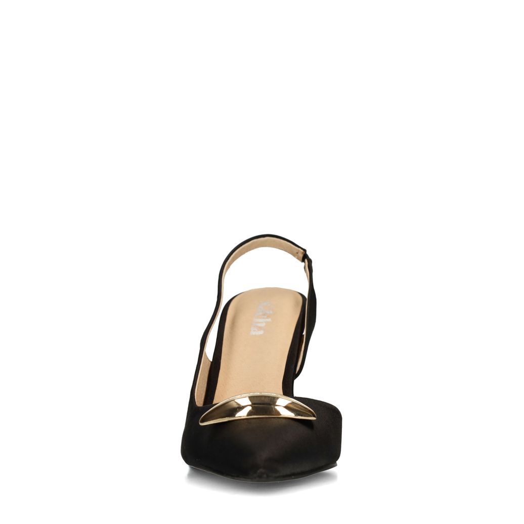Schwarze Slingbackpumps mit goldfarbenem Detail