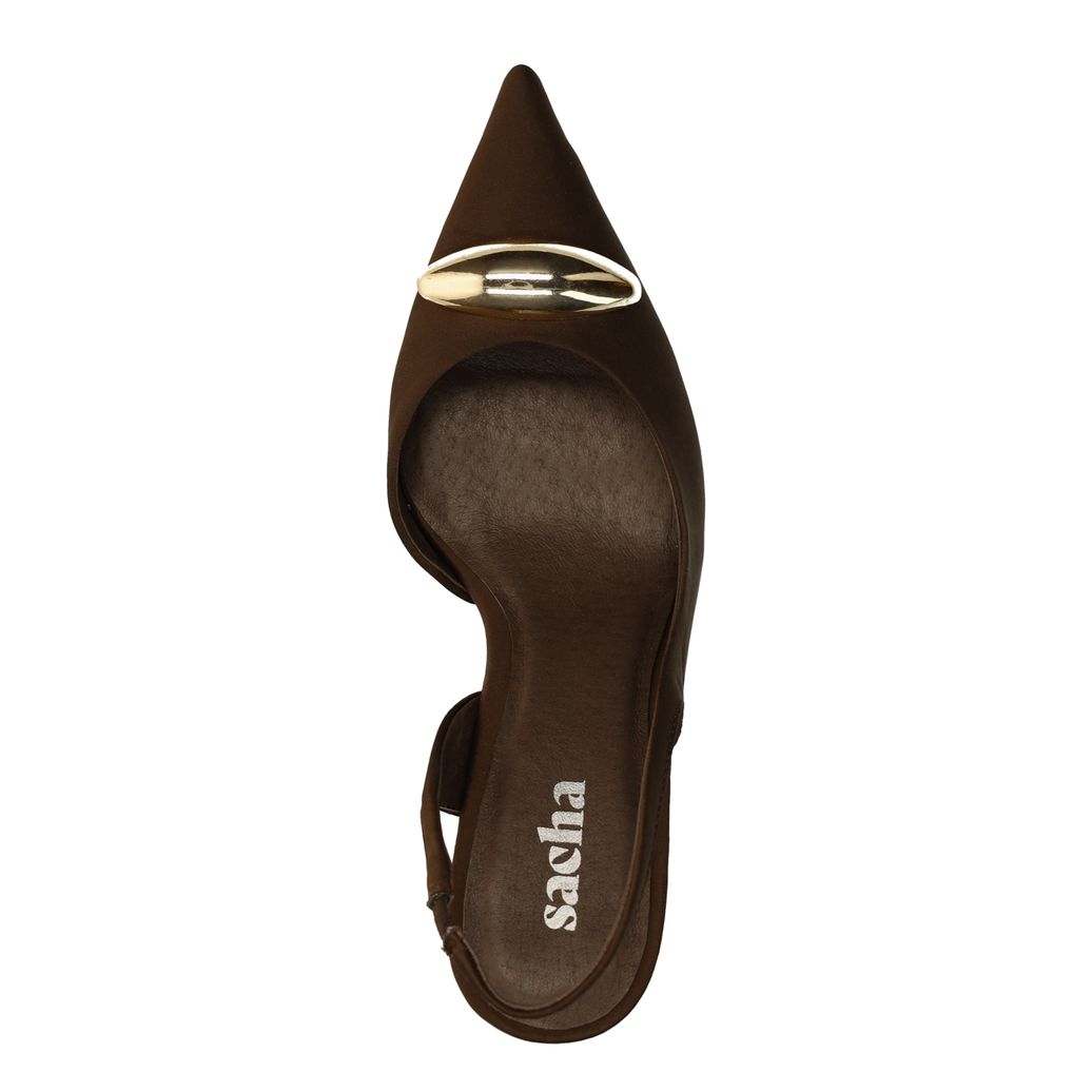 Bruine slingback pumps met goudkleurig detail