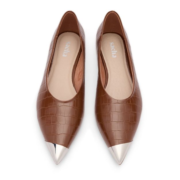 Braune Kroko-Ballerinas mit silberfarbenem Detail