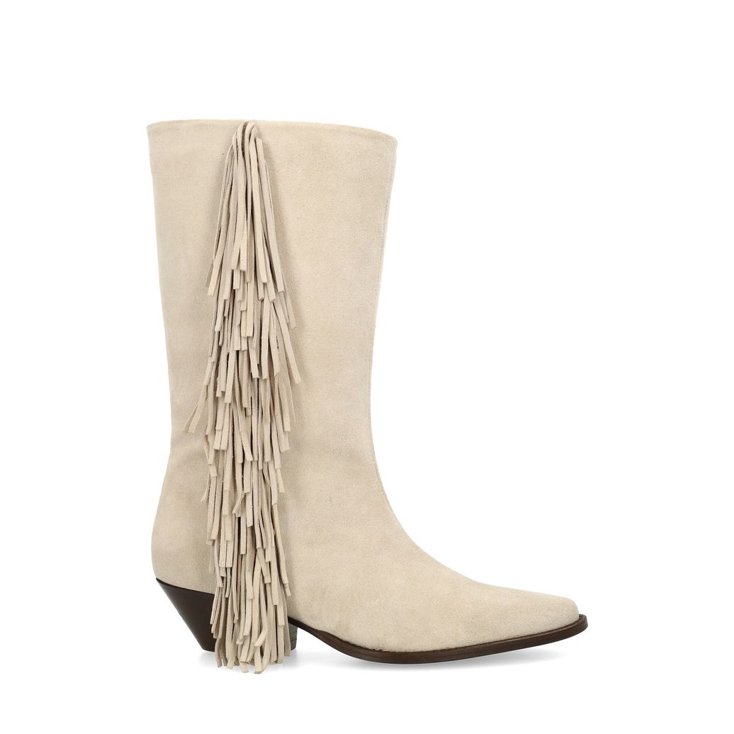 Beigefarbene Veloursleder-Cowboystiefel mit Fransen