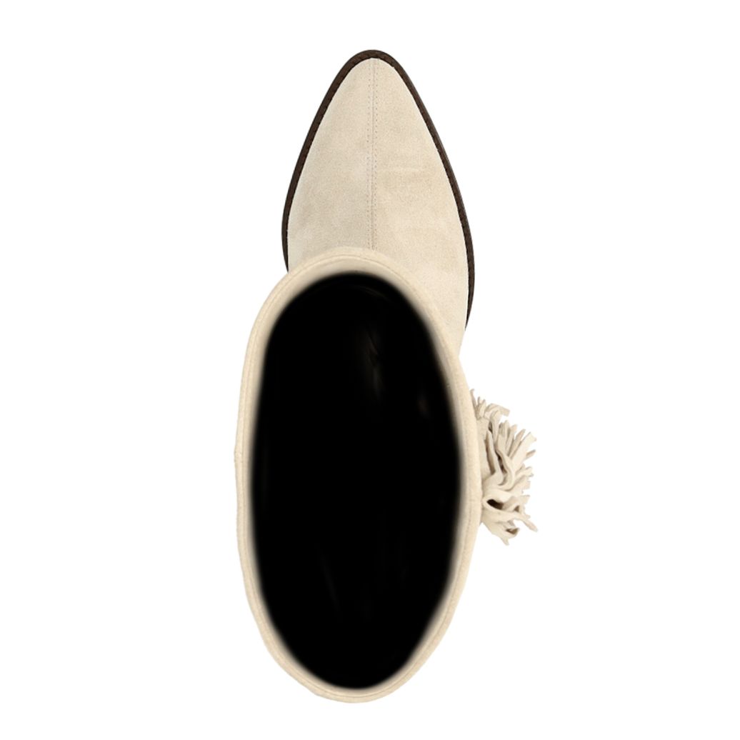 Beigefarbene Veloursleder-Cowboystiefel mit Fransen