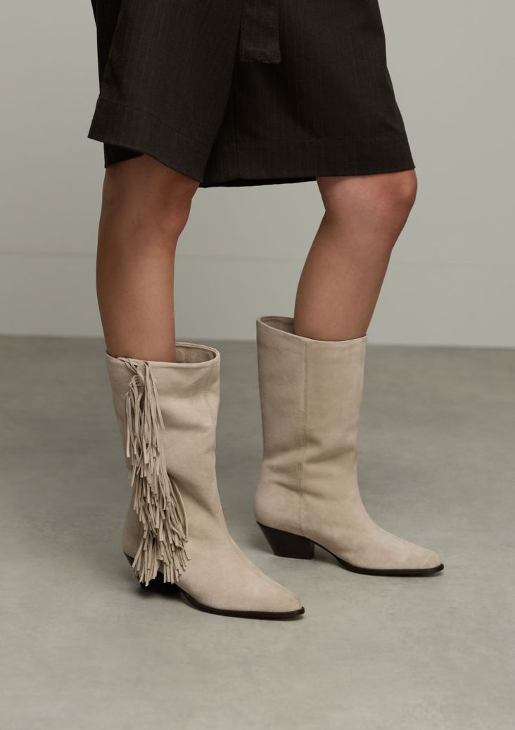 Beigefarbene Veloursleder-Cowboystiefel mit Fransen