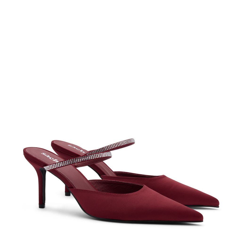 Bordeauxrote Pumps mit Strass-Riemchen