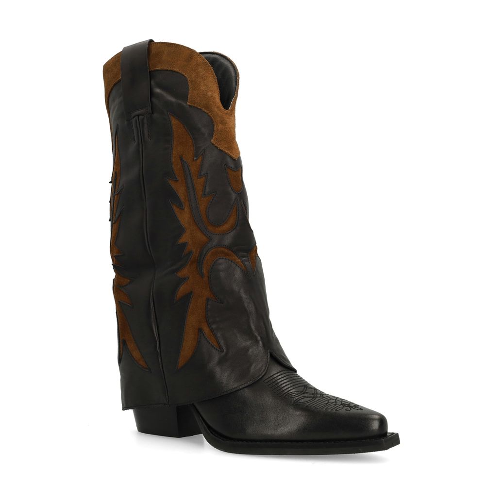 Schwarze Leder-Cowboystiefel mit braunen Veloursleder-Details