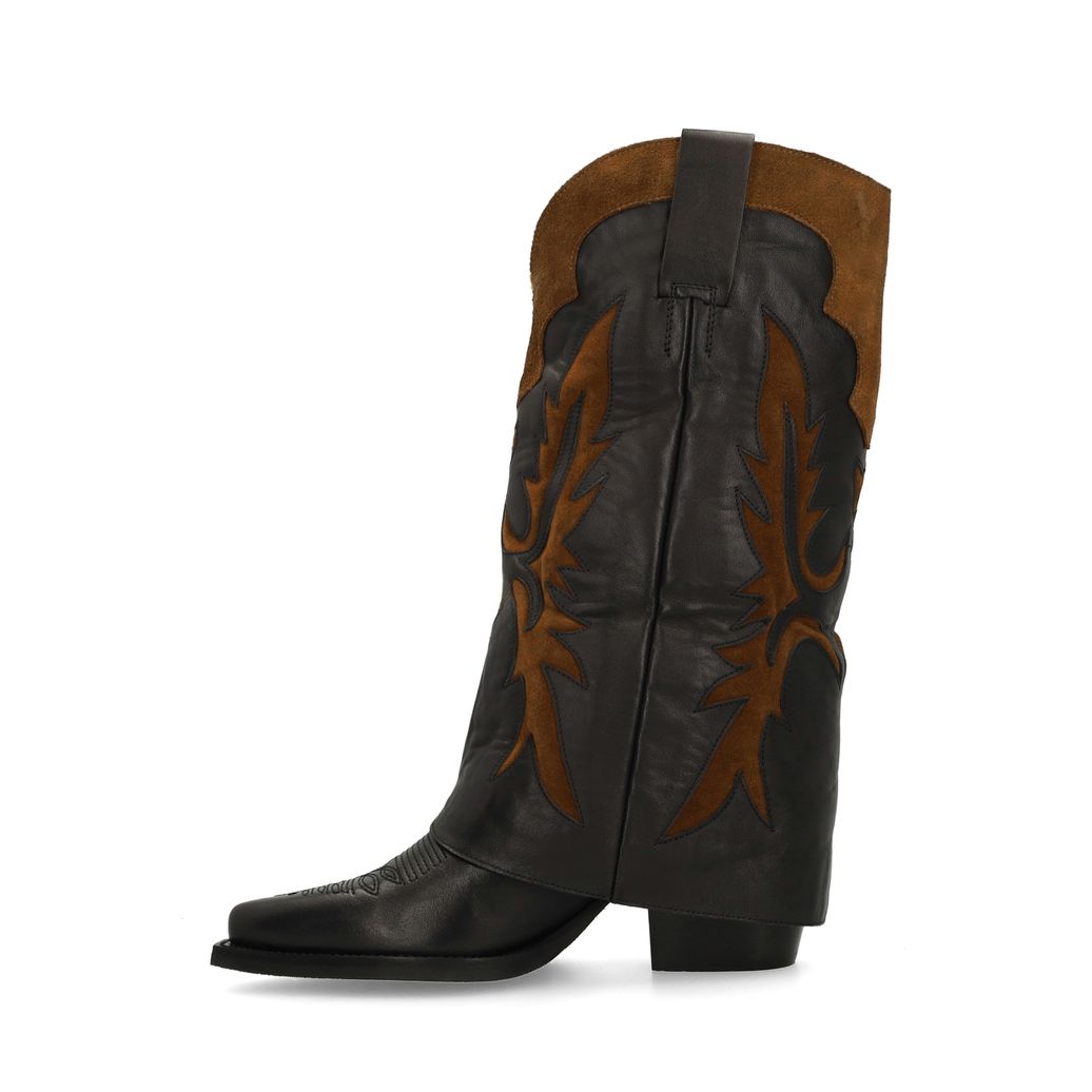 Schwarze Leder-Cowboystiefel mit braunen Veloursleder-Details