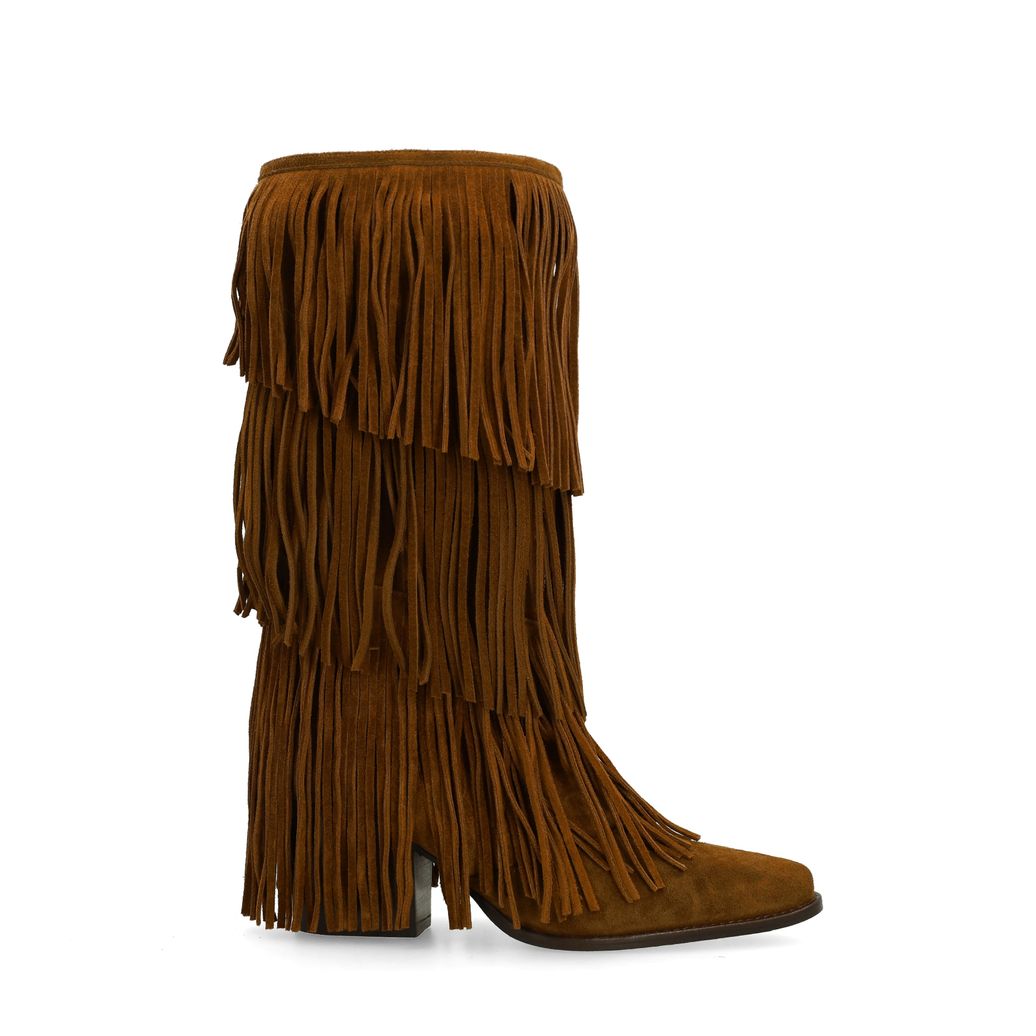 Cognacfarbene Veloursleder-Cowboystiefel mit Fransen