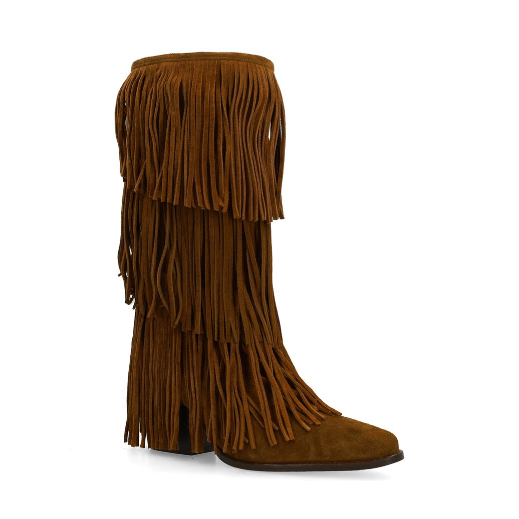 Cognacfarbene Veloursleder-Cowboystiefel mit Fransen