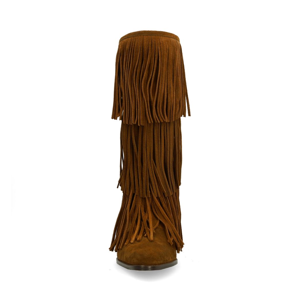 Cognacfarbene Veloursleder-Cowboystiefel mit Fransen