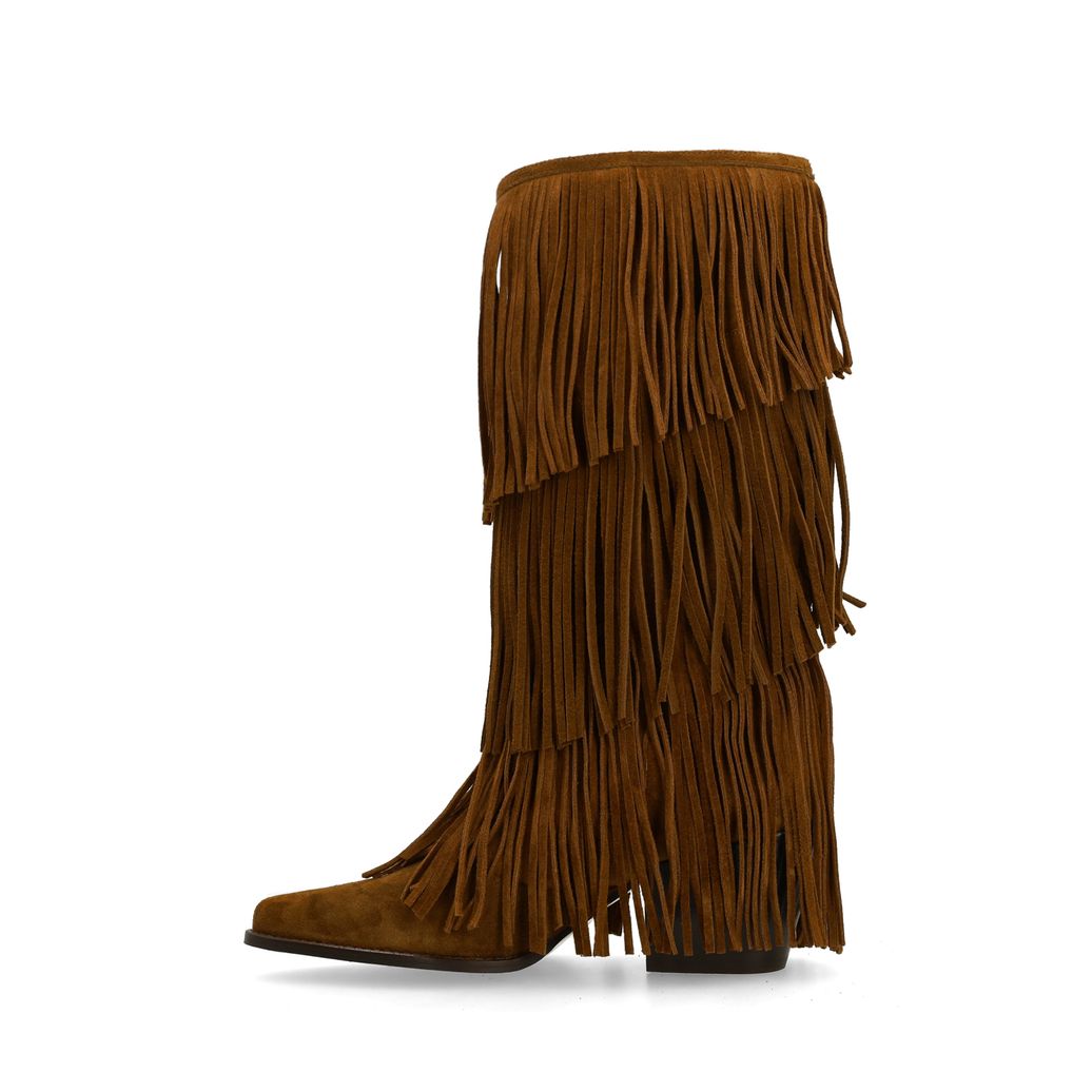 Cognacfarbene Veloursleder-Cowboystiefel mit Fransen