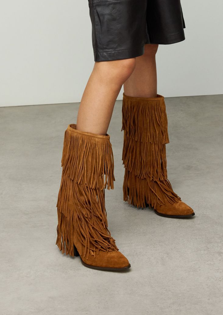 Cognacfarbene Veloursleder-Cowboystiefel mit Fransen