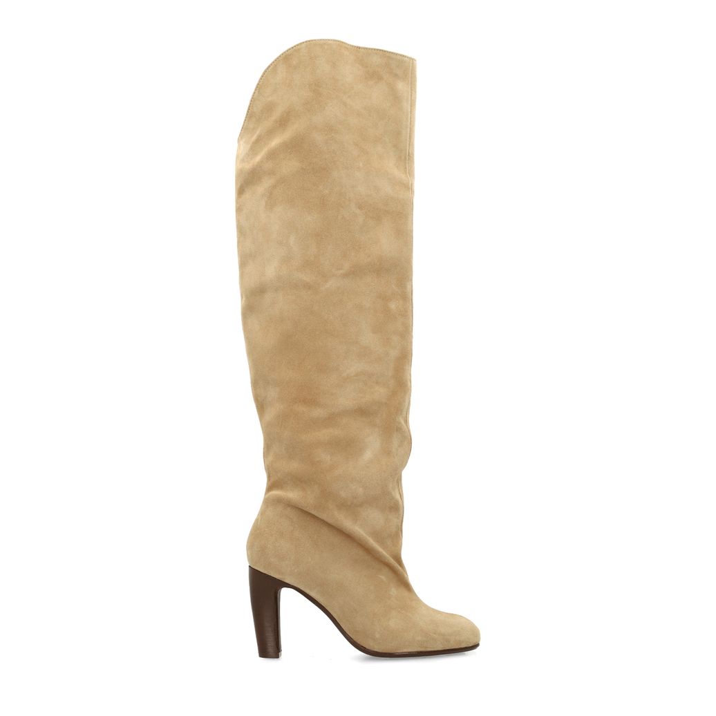 Bottes hautes à talon en daim - beige