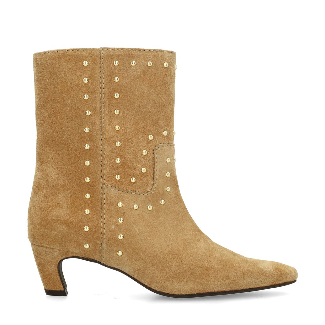 Beigefarbene Veloursleder-Stiefeletten mit goldfarbenen Nieten