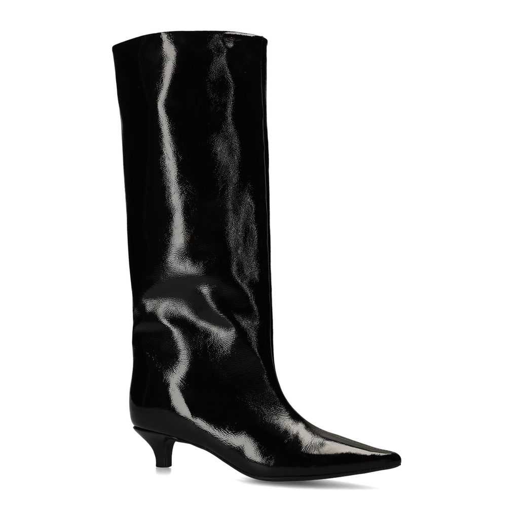 Zwarte hoge lakleren laarzen met kitten heel