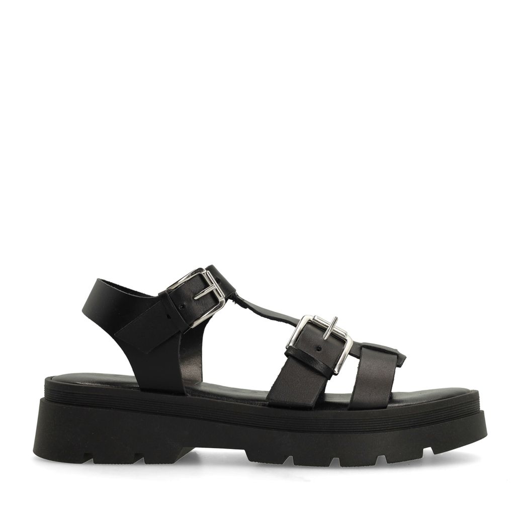 Zwarte plateau sandalen met zilverkleurige buckles