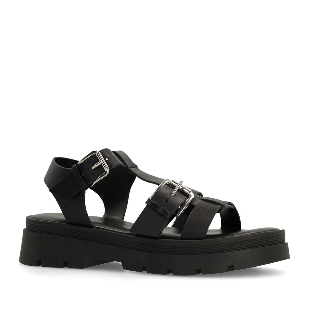 Zwarte plateau sandalen met zilverkleurige buckles
