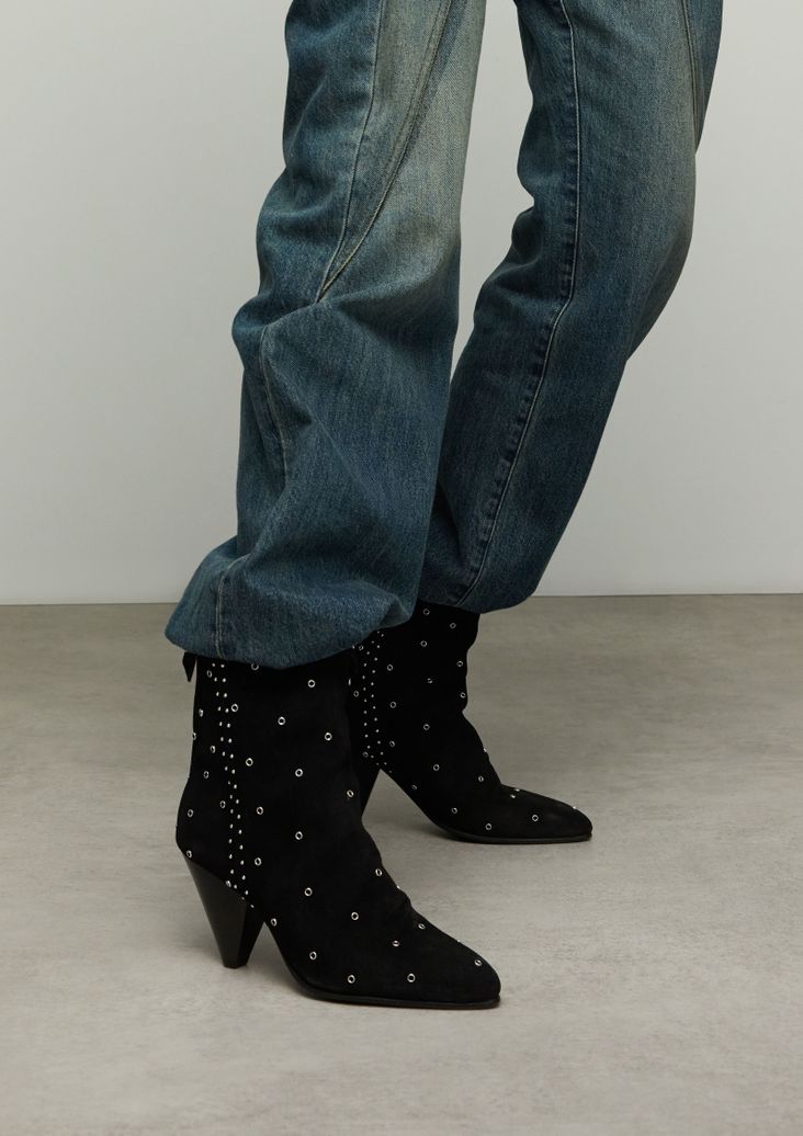 Schwarze Veloursleder-Stiefeletten mit Nieten