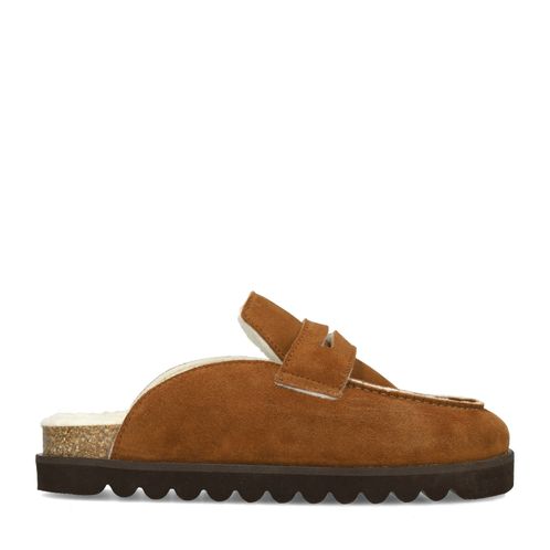 Braune Veloursleder-Slipper mit Wolle