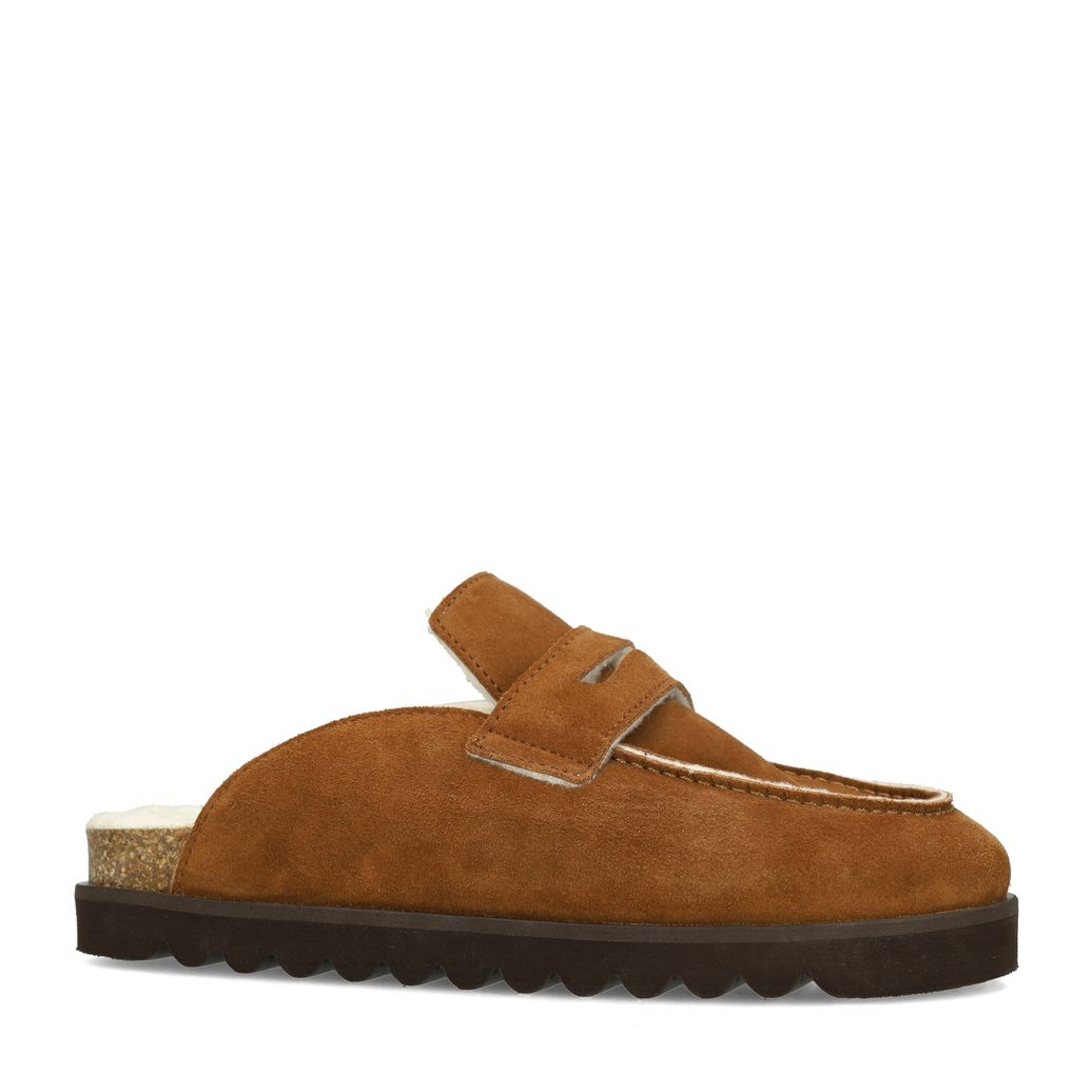 Braune Veloursleder-Slipper mit Wolle