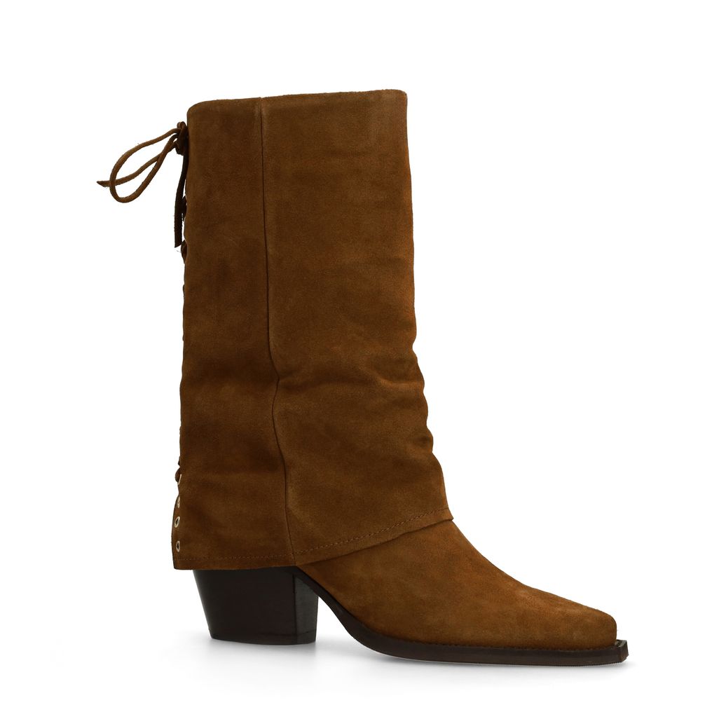 Cognacfarbene Veloursleder-Stiefeletten mit Umschlag