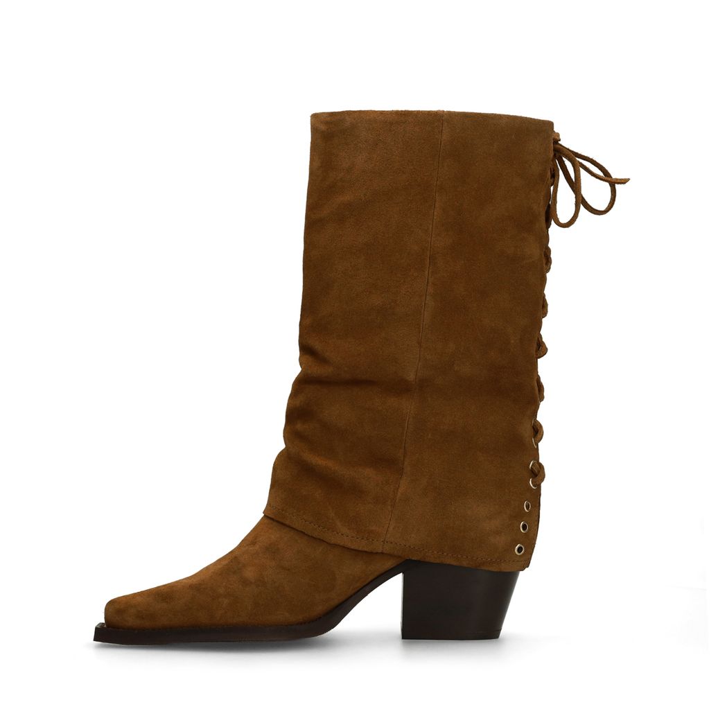 Cognac suède enkellaarsjes met flap
