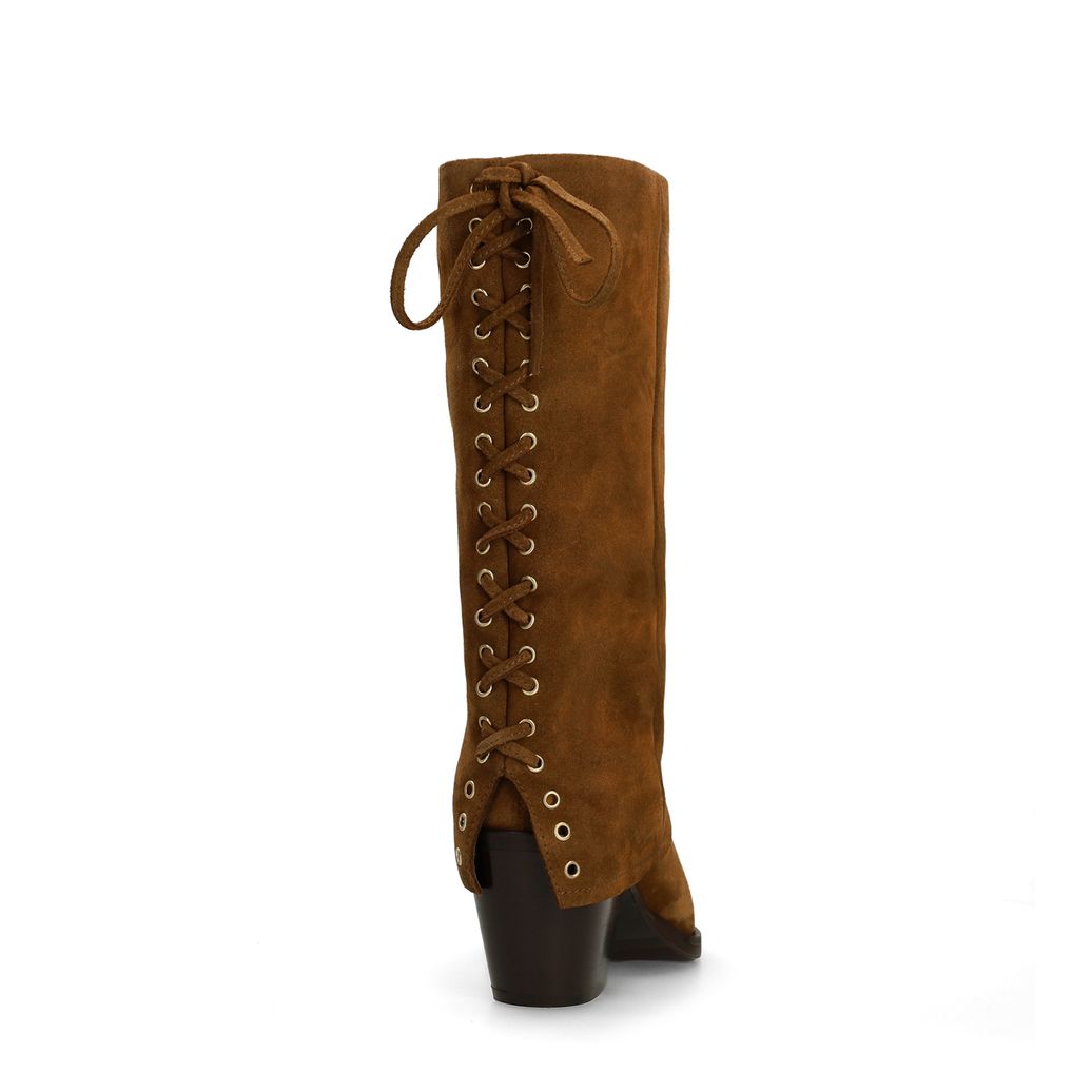 Cognac suède enkellaarsjes met flap