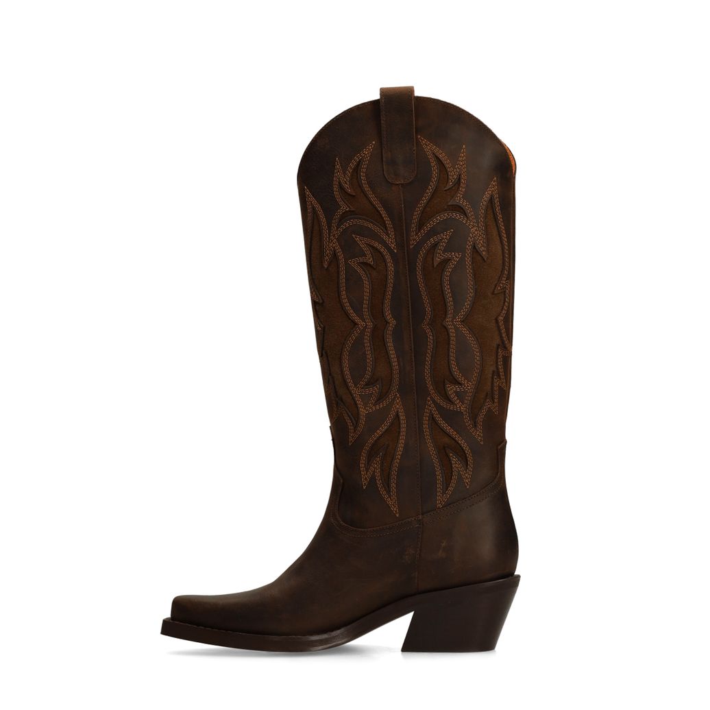 Bruine leren cowboylaarzen met sierstiksels