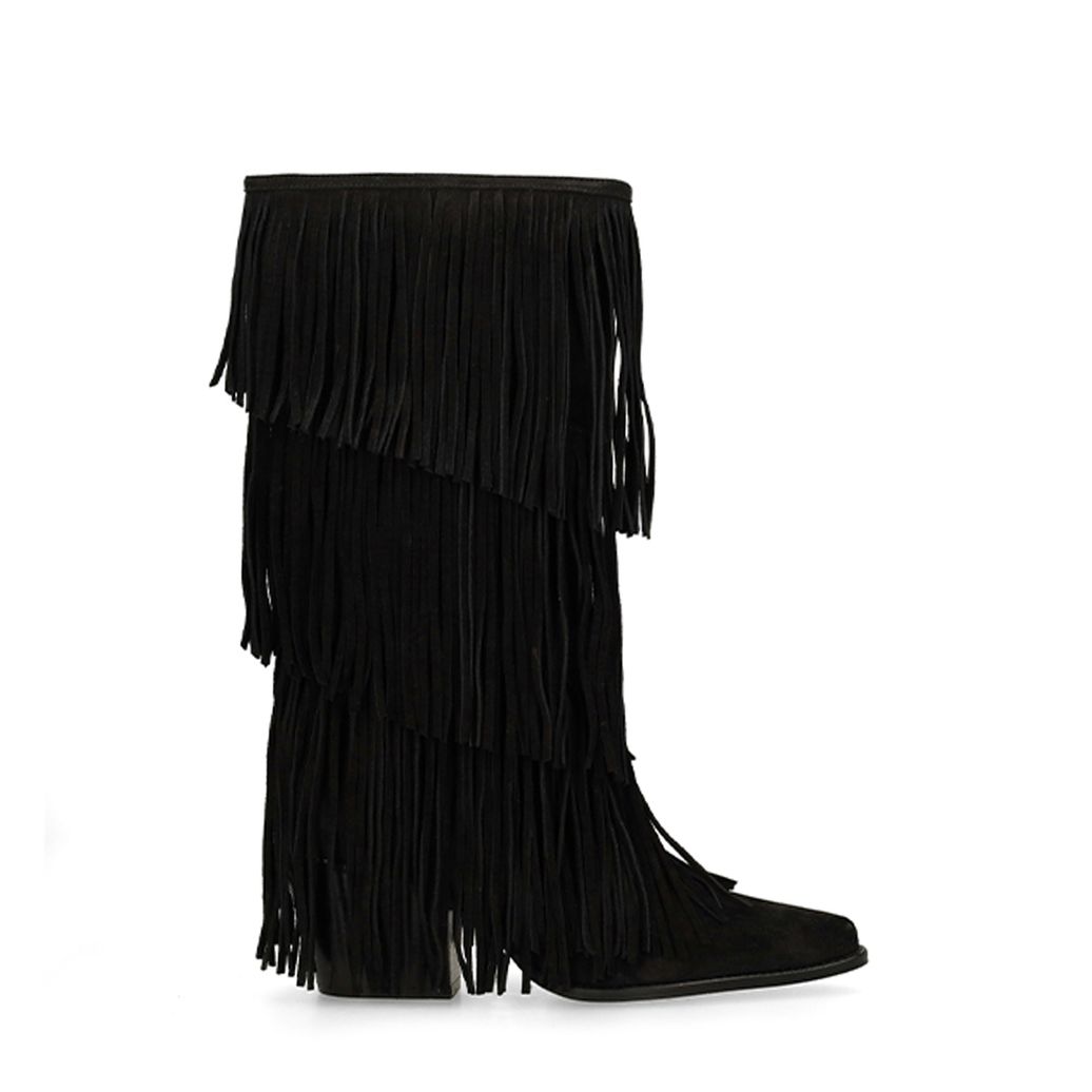 Schwarze Veloursleder-Cowboystiefel mit Fransen