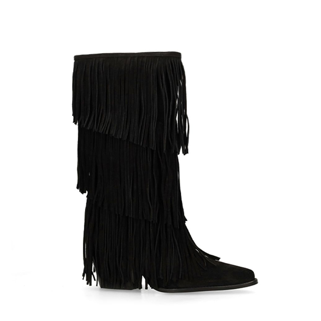 Schwarze Veloursleder-Cowboystiefel mit Fransen