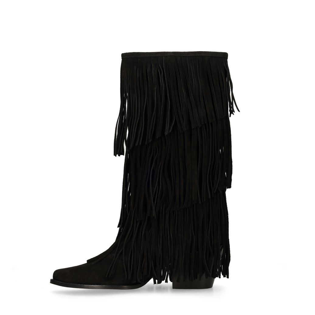 Schwarze Veloursleder-Cowboystiefel mit Fransen