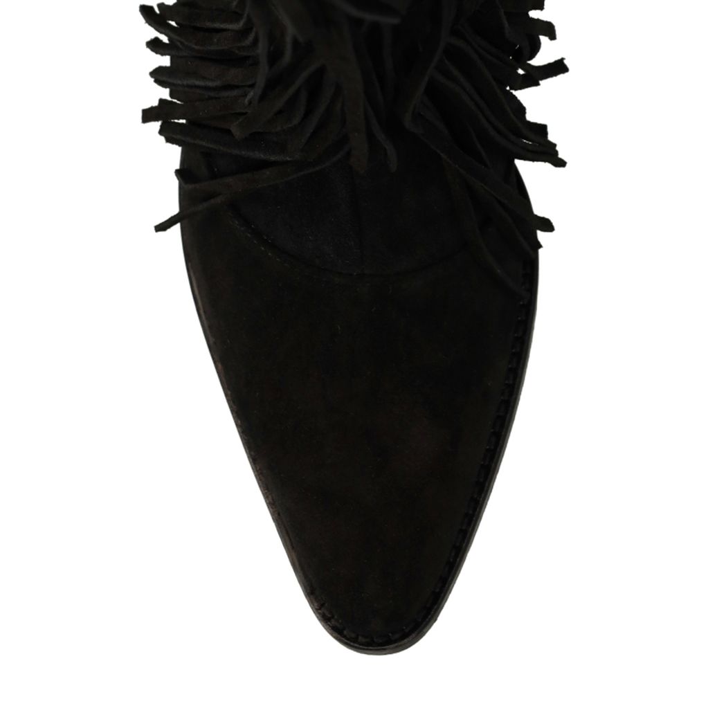 Schwarze Veloursleder-Cowboystiefel mit Fransen