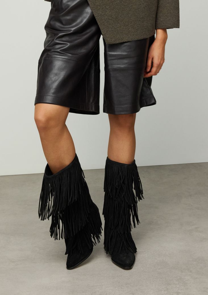 Schwarze Veloursleder-Cowboystiefel mit Fransen