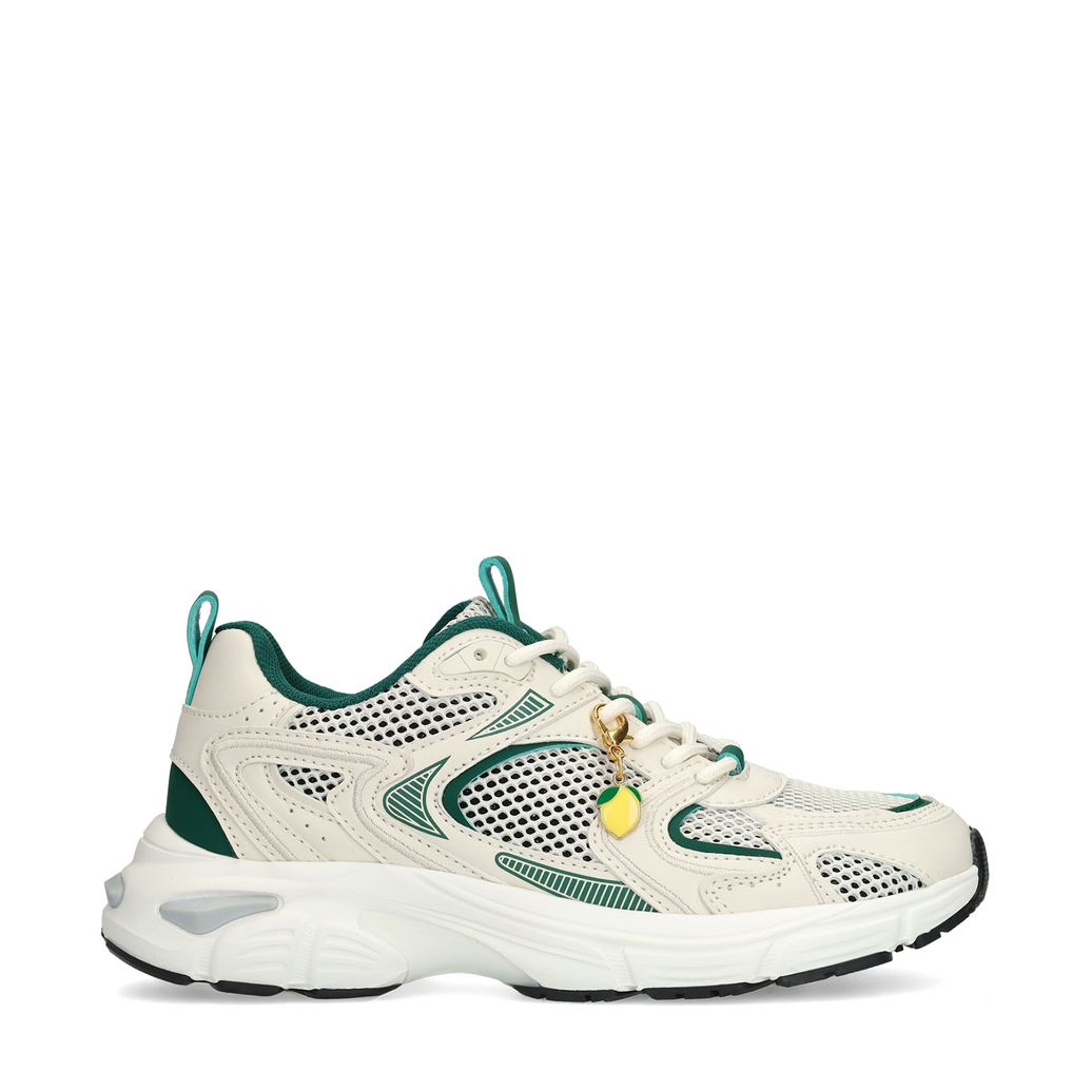 Beigefarbene Sneaker mit grünen Details