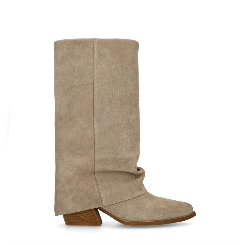 Beigefarbene Veloursleder-Stiefel mit Umschlag