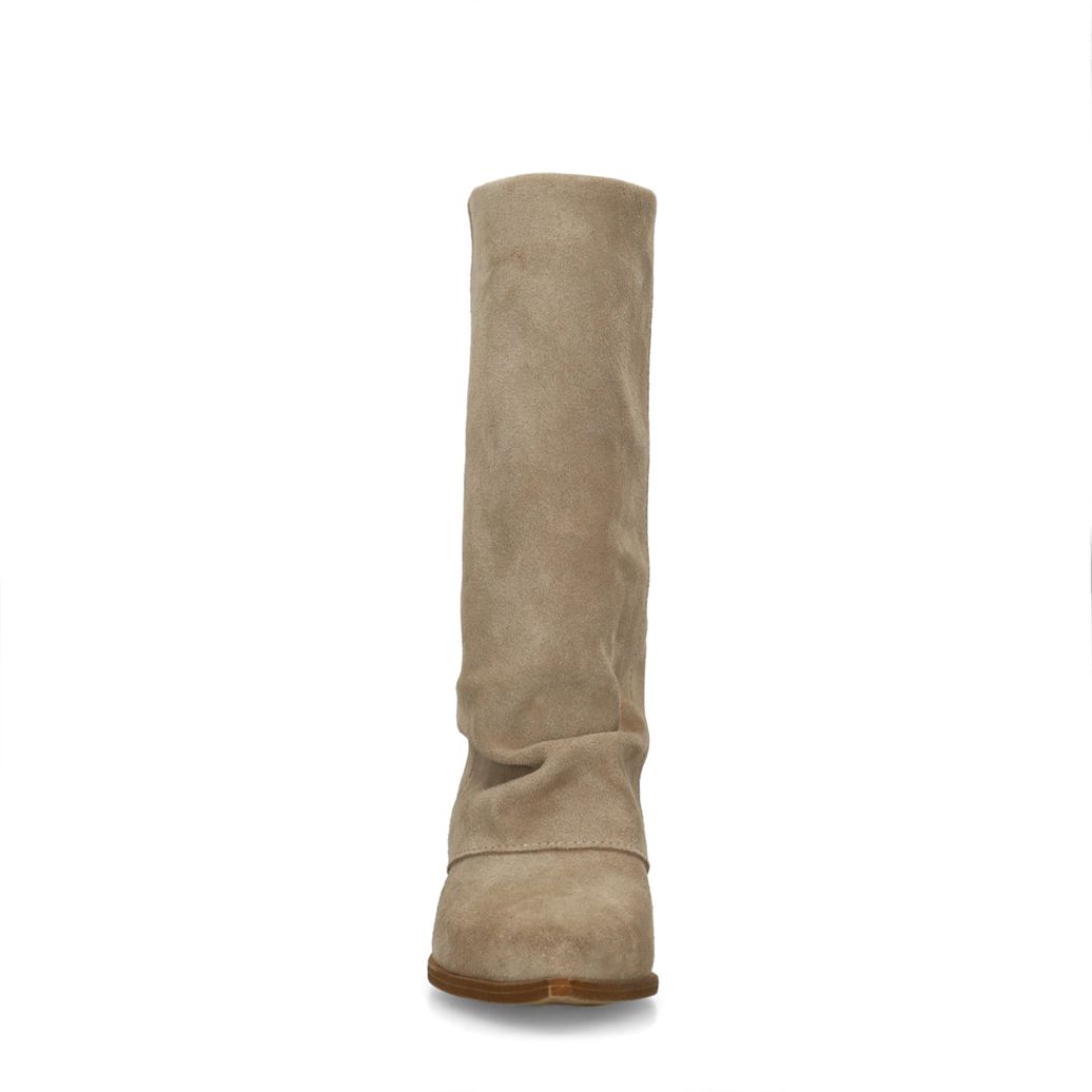 Beigefarbene Veloursleder-Stiefel mit Umschlag