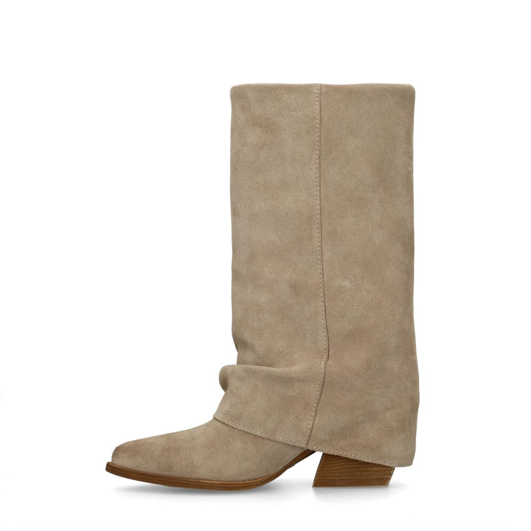 Beigefarbene Veloursleder-Stiefel mit Umschlag