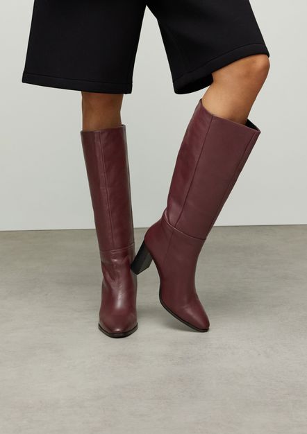 Bordeaux rode hoge leren laarzen met hak