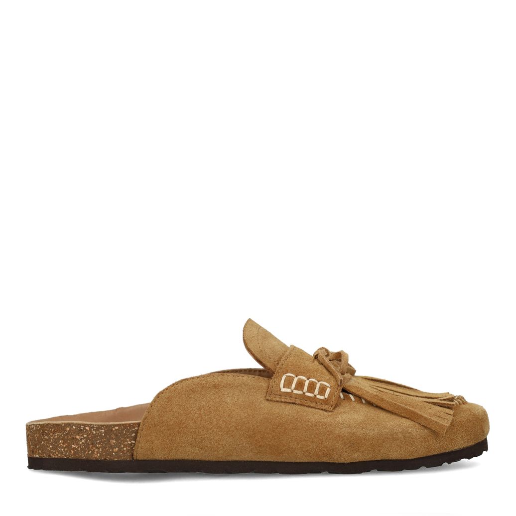 Beigefarbene Veloursleder-Clogs mit Fransen