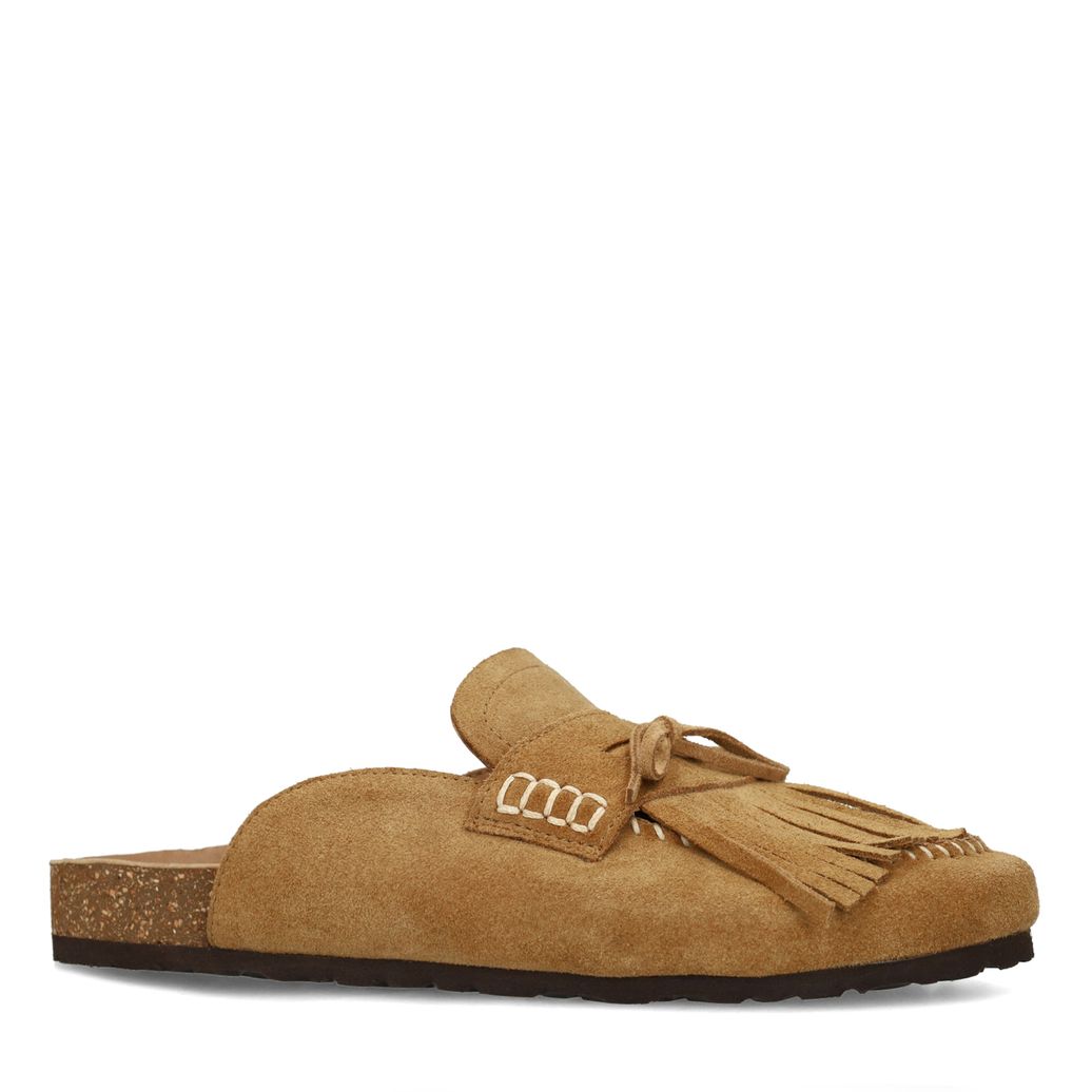 Beigefarbene Veloursleder-Clogs mit Fransen