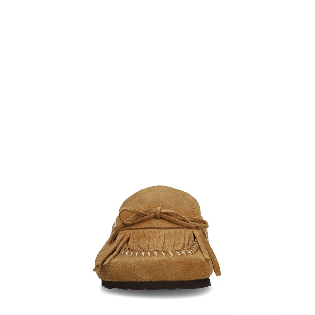 Beigefarbene Veloursleder-Clogs mit Fransen