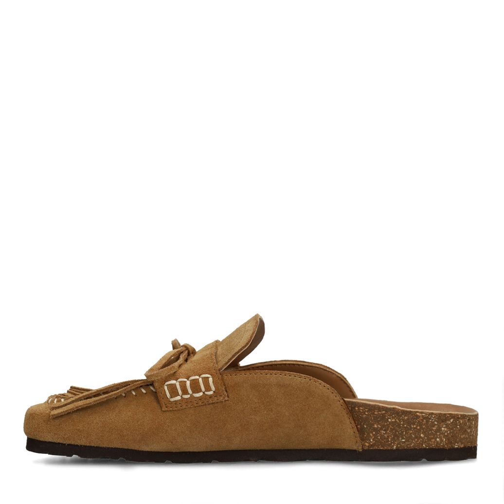 Beigefarbene Veloursleder-Clogs mit Fransen
