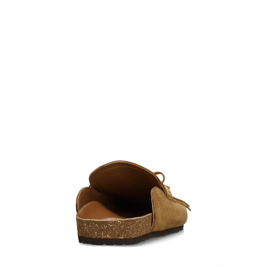 Beigefarbene Veloursleder-Clogs mit Fransen