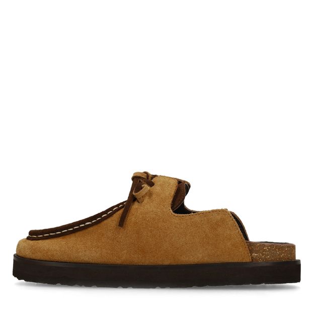 Beigefarbene Veloursleder-Clogs mit braunen Details