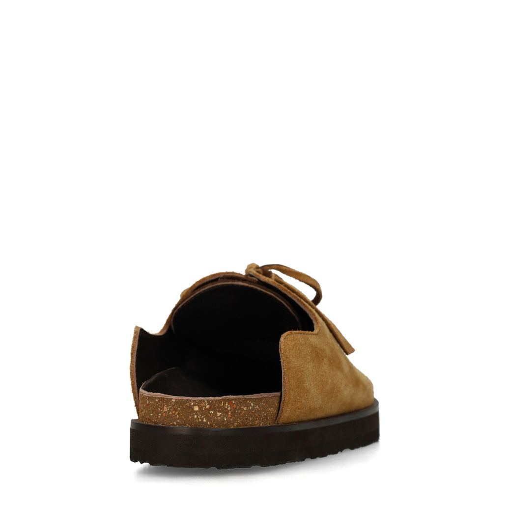 Beigefarbene Veloursleder-Clogs mit braunen Details