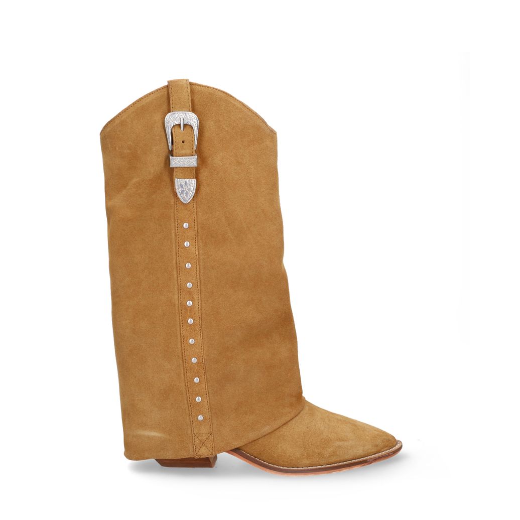 Beigefarbene Veloursleder-Cowboystiefel mit Umschlag