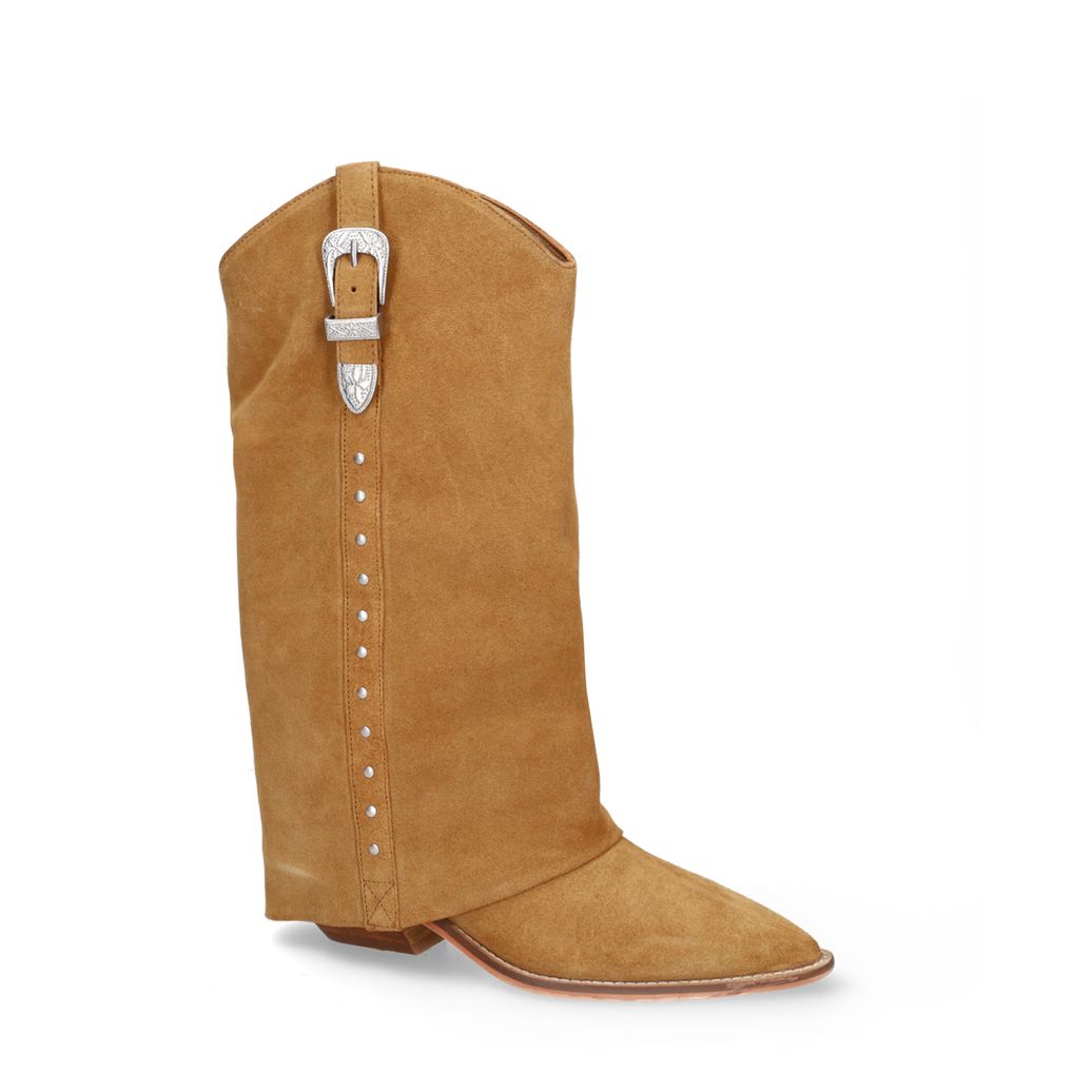 Beigefarbene Veloursleder-Cowboystiefel mit Umschlag