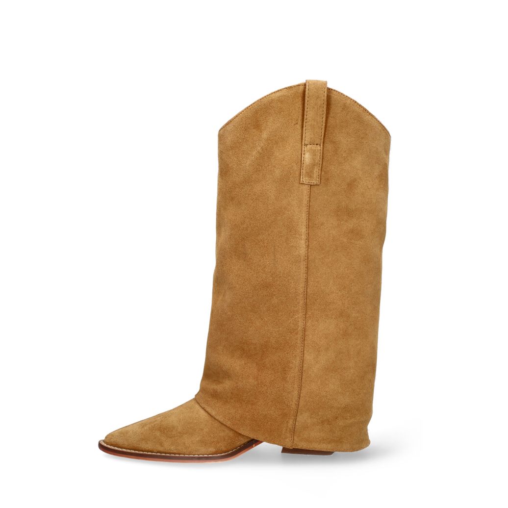 Beigefarbene Veloursleder-Cowboystiefel mit Umschlag
