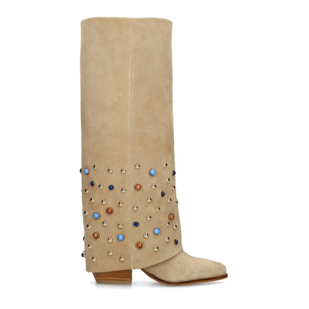 Beigefarbene Veloursleder-Stiefel mit Umschlag und Nieten