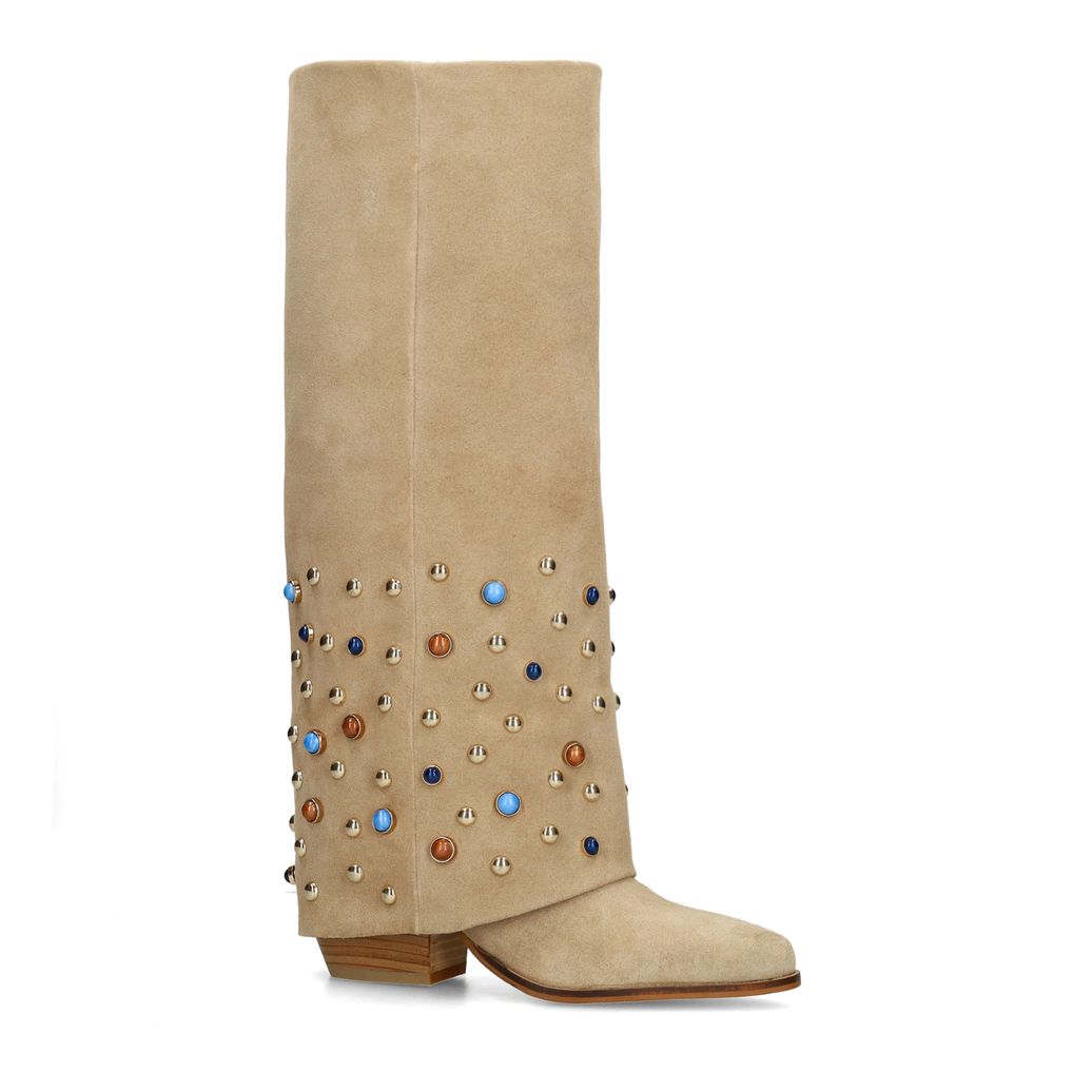 Beigefarbene Veloursleder-Stiefel mit Umschlag und Nieten