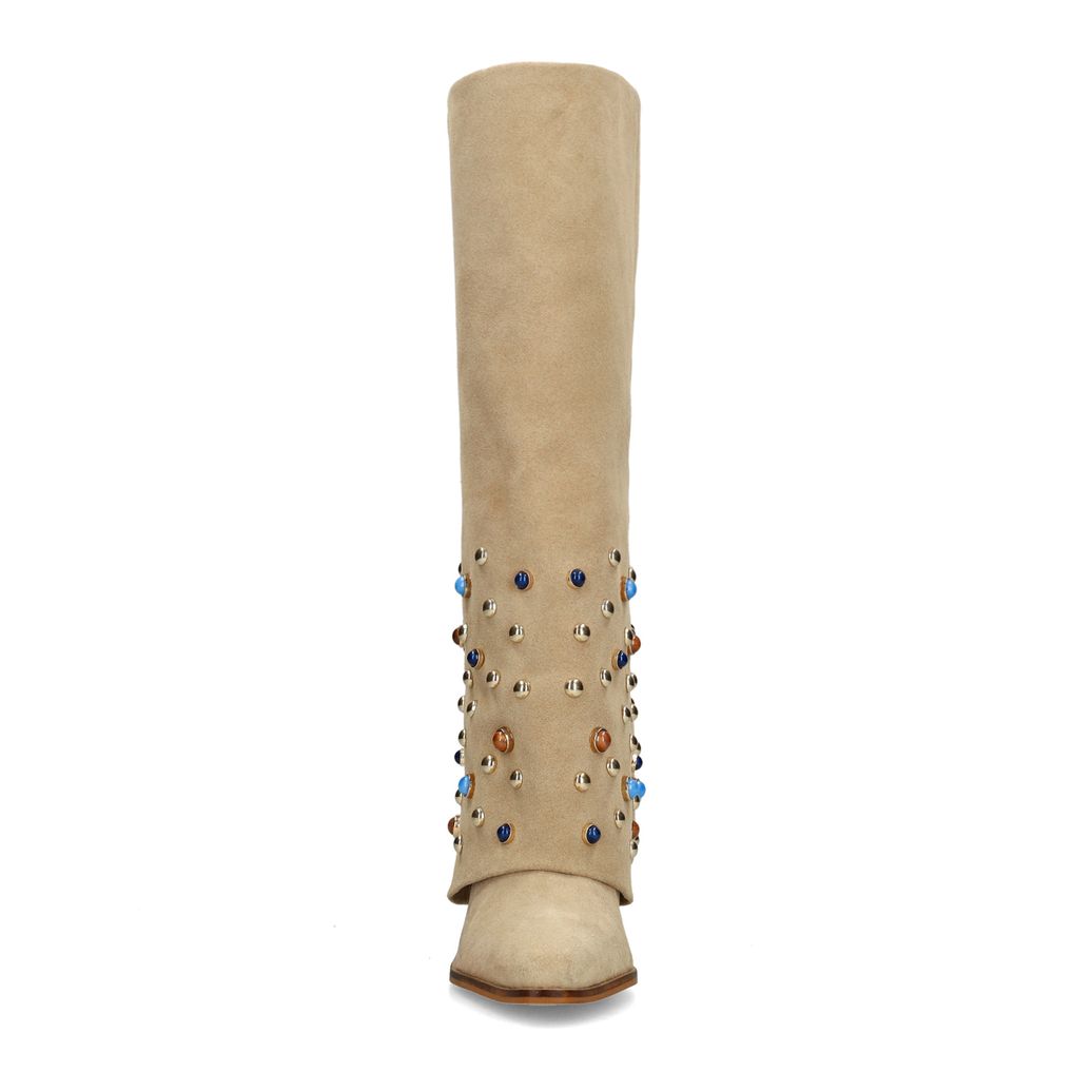 Beigefarbene Veloursleder-Stiefel mit Umschlag und Nieten